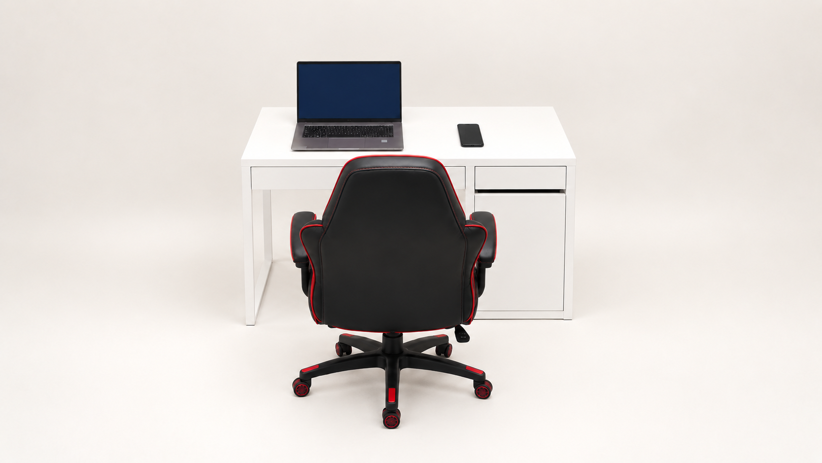 Cleaned interpretation of my white desk, silver laptop, phone and red-trimmed chair. No external monitor.